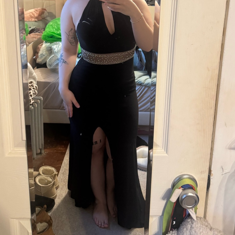 Elegant Black Halter Gown with Rhinestone Waist